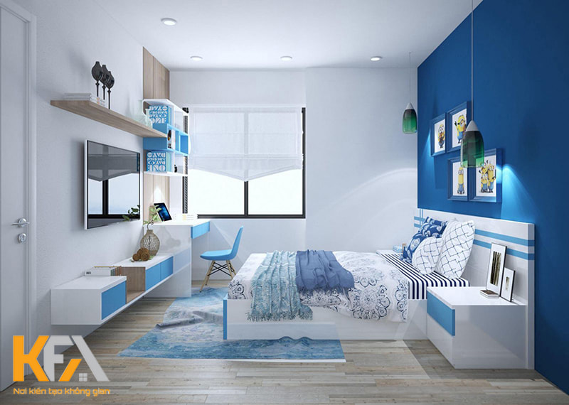 Phòng ngủ bé trai 12m2 màu xanh dương - trắng tươi sáng, năng động