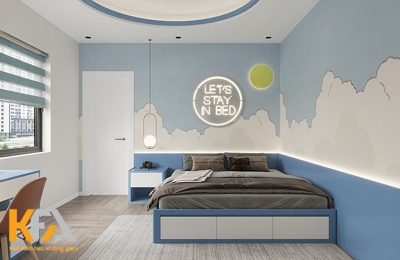 Thiết kế phòng ngủ bé trai 12m2 nội thất gỗ công nghiệp với giường thông minh