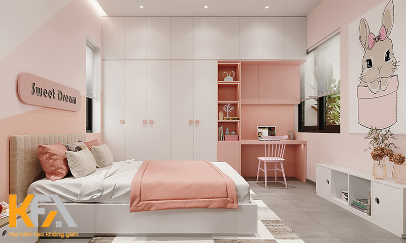 Thiết kế và thi công phòng ngủ màu trắng - hồng cho 2 bé gái học tiểu học