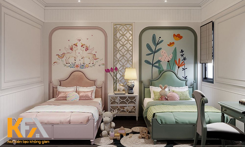 Mẫu thiết kế phòng ngủ phong cách Indochine độc đáo cho 2 bé gái