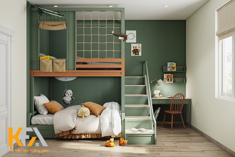 Thiết kế phòng ngủ giường tầng màu xanh lá cho 2 bé trai
