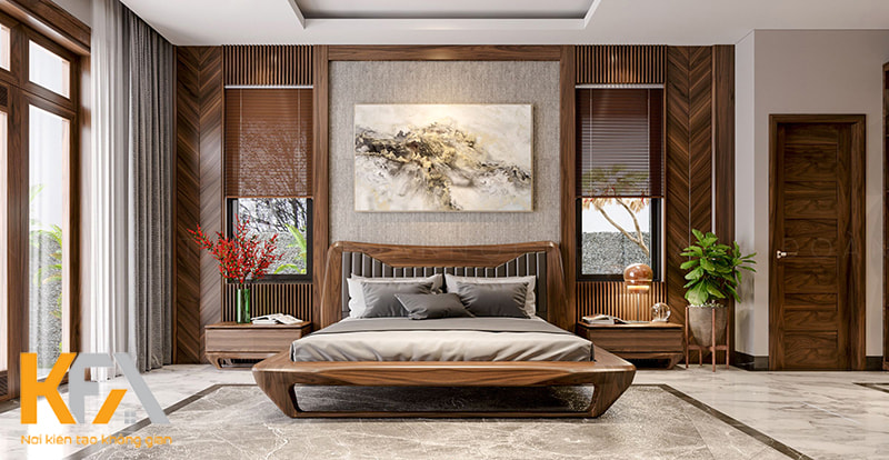 Mẫu thiết kế phòng ngủ 30m2 nội thất gỗ Óc chó hiện đại đẹp nhất 2023