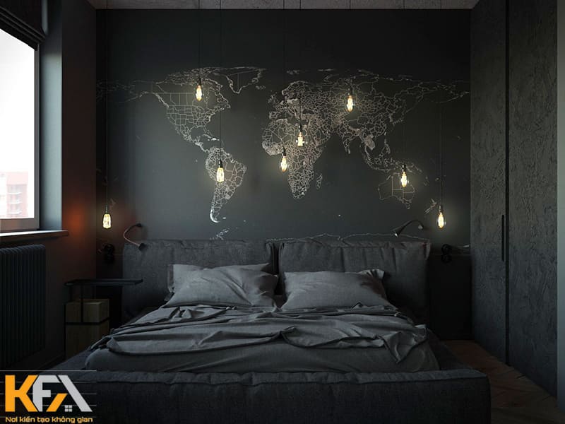 Trang trí phòng ngủ màu đen cho nam bằng họa tiết bản đồ thế giới