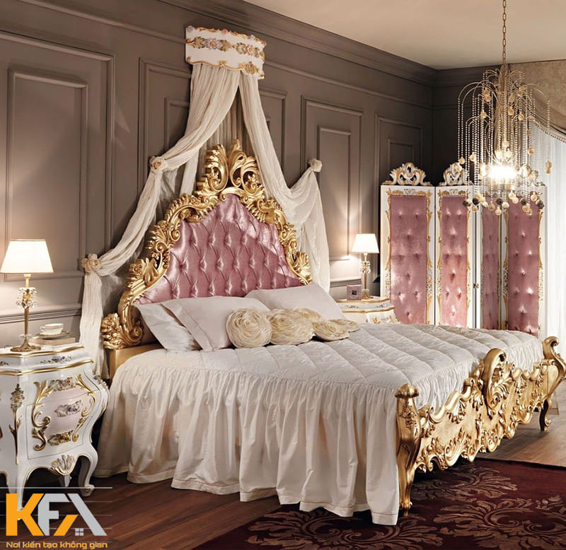 Thiết kế giường ngủ hoàng gia khung kim loại với vải che đầu giường mềm mại