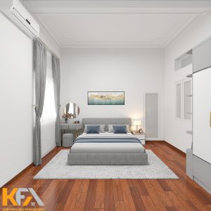 Căn phòng được thiết kế gam màu trắng toàn bộ, nội thất ưu tiên màu ghi xám nhẹ toát lên vẻ thanh lịch