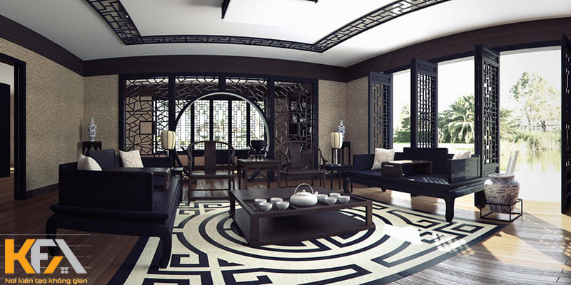 Mẫu phòng khách cổ điển Á Đông tone màu gỗ đen