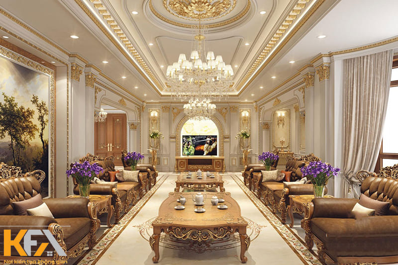 Phòng khách cổ điển được biết đến với lối trang trí tinh xảo, mềm mại