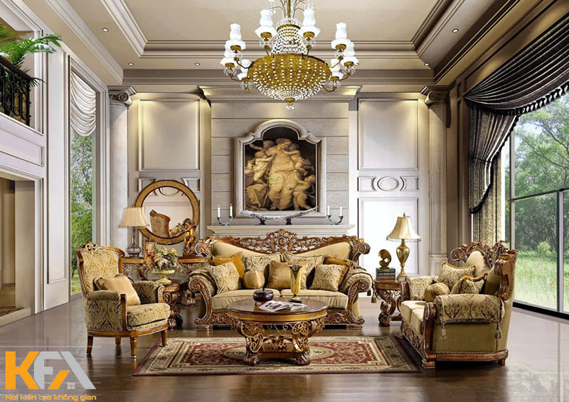 Nổi bật nhất trong không gian phòng khách cổ điển chính là những món đồ nội thất có kích thước lớn
