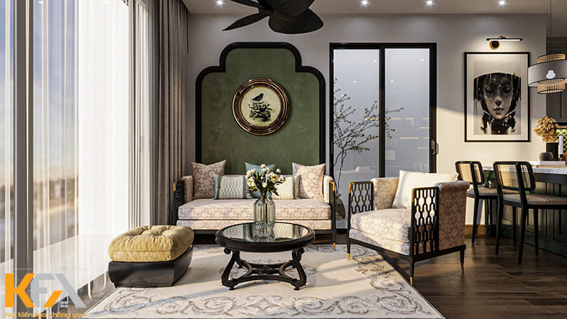 Phòng khách chung cư phong cách Indochine được thiết kế với khung vòm đặc trưng