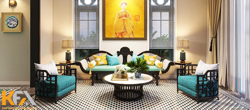 Những bức tranh sơn dầu cũng lf ý tưởng trang trí phòng khách Indochine vô cùng hữu ích