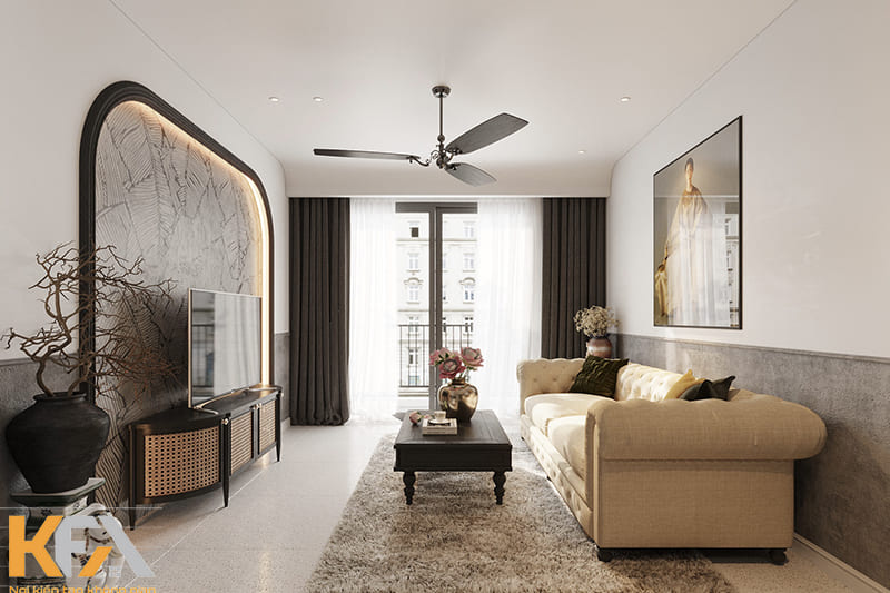 Ứng dụng phong cách Indochine vào phòng khách chung cư nên ưu tiên nội thất đơn giản, tập trung vào công năng