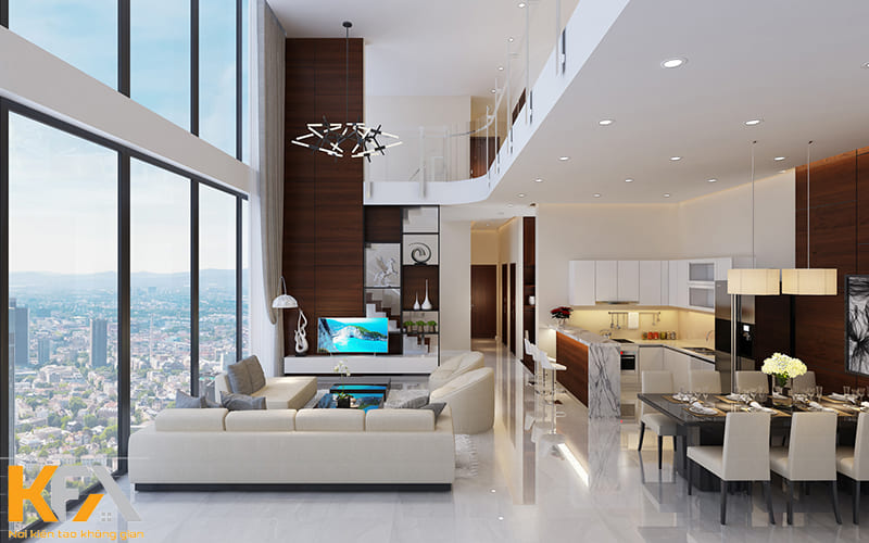 Thiết kế phòng khách thông tầng mang đến một không gian sống hiện đại và thời thượng hơn