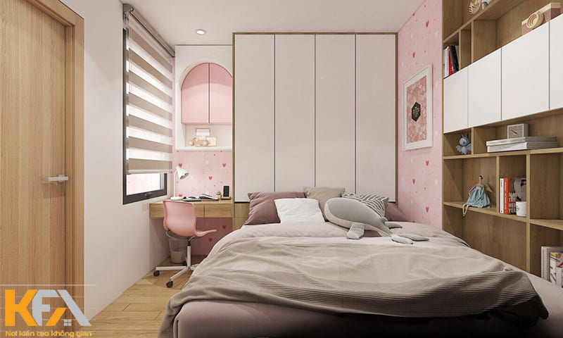 Phòng ngủ 11m2 cho bé gái chất liệu gỗ công nghiệp