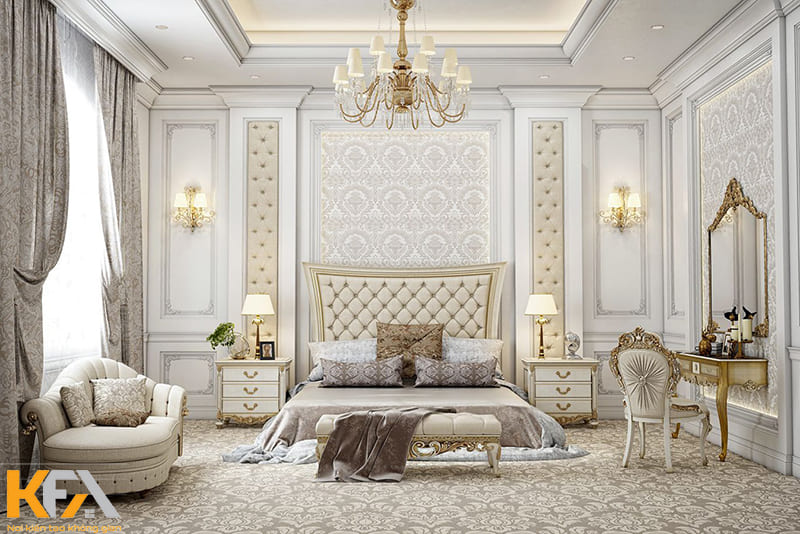 Mẫu phòng ngủ hoàng gia tân cổ điển màu trắng tinh tế