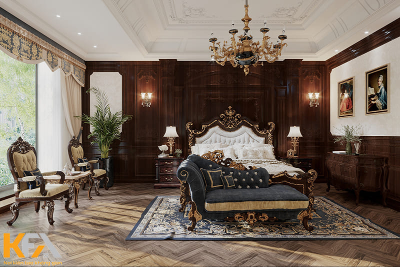 Mẫu phòng ngủ hoàng gia tân cổ điển với gam màu nâu trầm