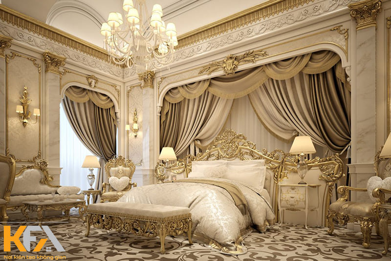 Phòng ngủ hoàng gia kiểu Ý với đường nét mềm mại, uyển chuyển