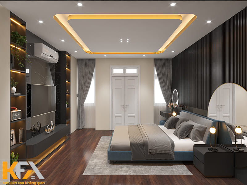 Phòng ngủ của gia đình chị Quỳnh được thiết kế theo yêu cầu của gia chủ với màu đen chủ đạo