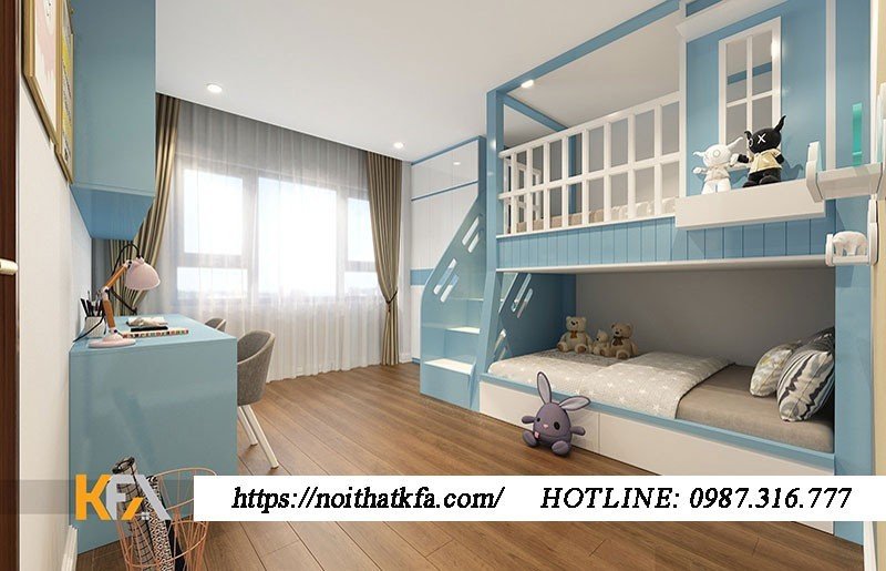 Căn phòng với gam màu xanh - trắng chủ đạo và giường tầng đa năng
