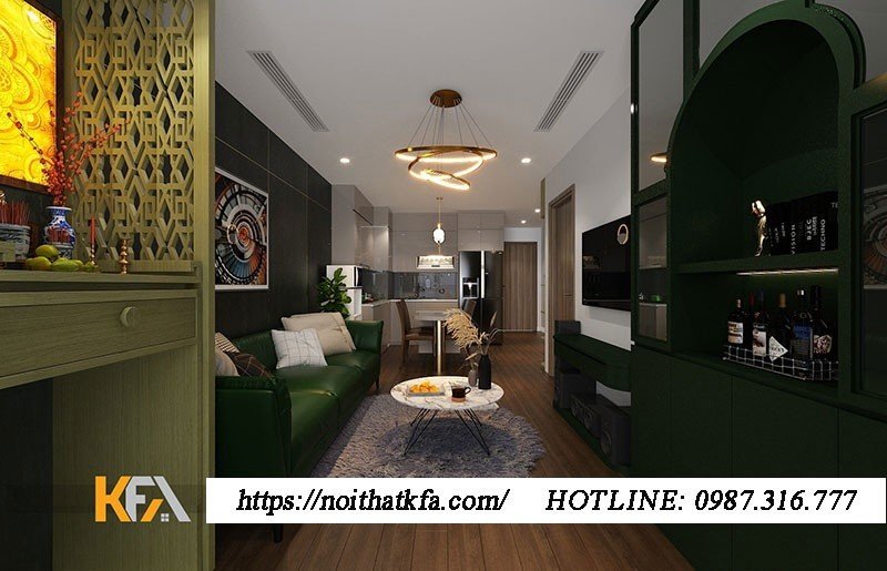 Phòng khách cũng được tạo thêm điểm nhấn với bức tranh treo tường, thảm trải sàn và đèn trần hiện đại