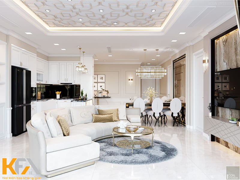 Thiết kế phòng khách liền bếp 40m2 cho chung cư tân cổ điển màu trắng sang trọng