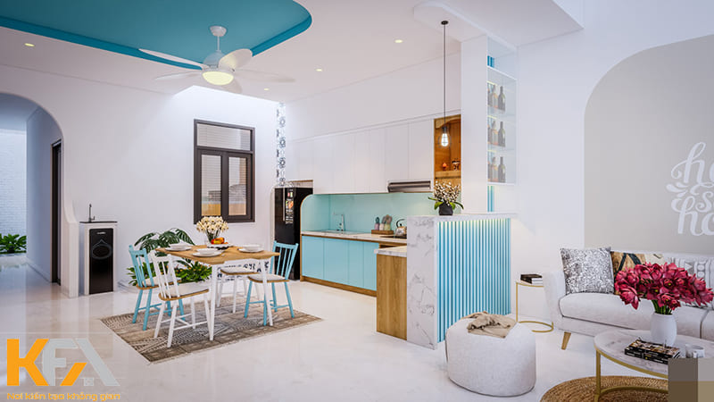 Thiết kế phòng khách liền bếp nhà cấp 4 đẹp nhất 2023