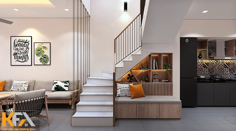 Cầu thang giúp phân chia khu vực phòng khách và phòng bếp