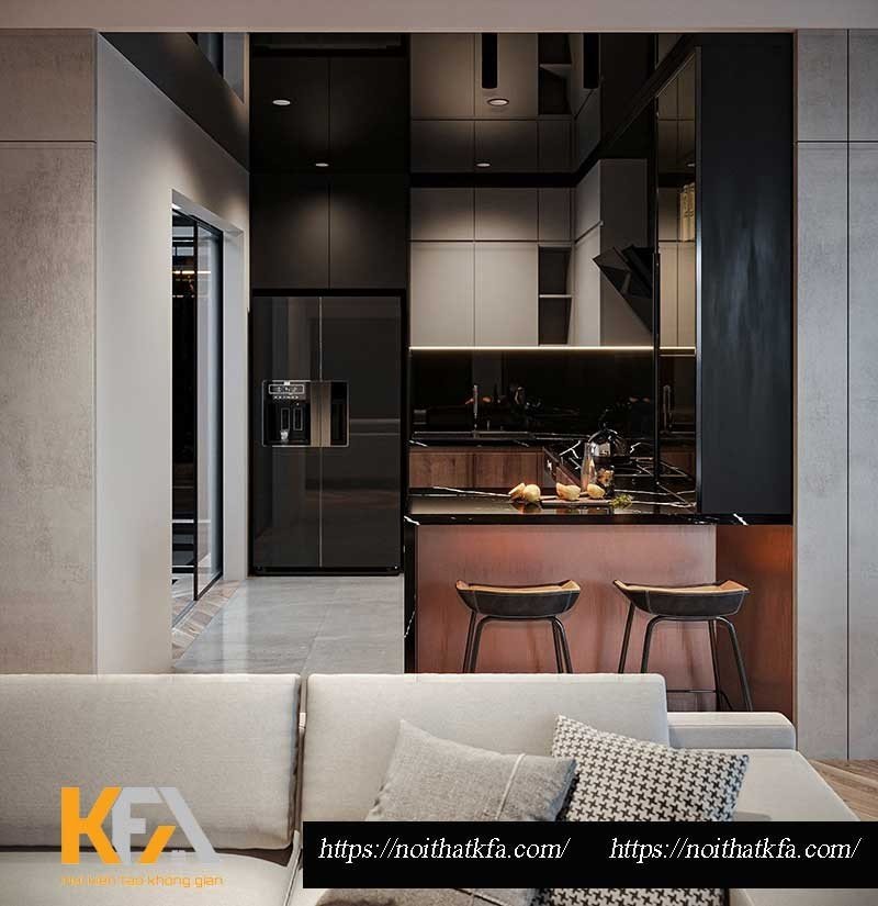 Phòng bếp cũng được thiết kế mở liền với phòng khách nhằm tạo sự rộng, thoáng cho không gian nấu nướng