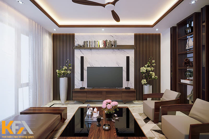 Thiết kế phòng khách chung cư 20m2 phong cách hiện đại với nội thất gỗ
