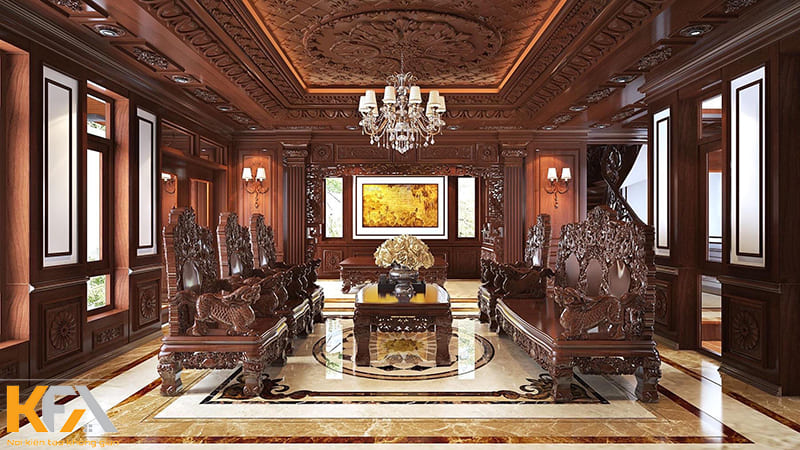 Phòng khách biệt thự phong cách cổ điển với nội thất gỗ