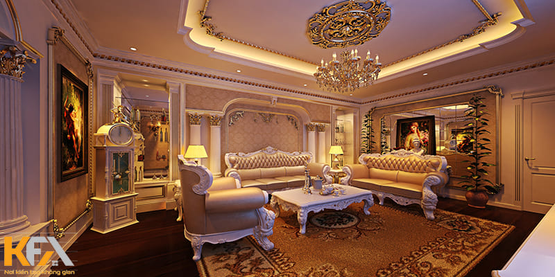 Thiết kế phòng khách biệt thự cổ điển cần chú ý đặc biệt đến chất liệu nội thất