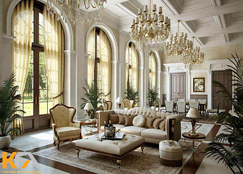 Phòng khách biệt thự cổ điển châu Âu với vẻ đẹp sang trọng và quý tộc