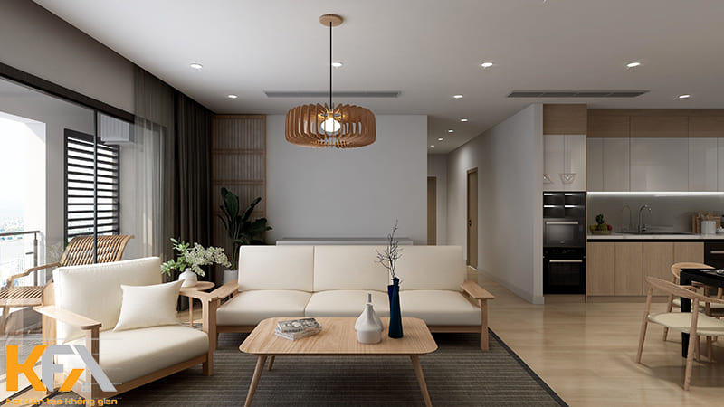 Mẫu phòng khách liền bếp 30m2 nhà chung cư phong cách Nhật Bản tối giản