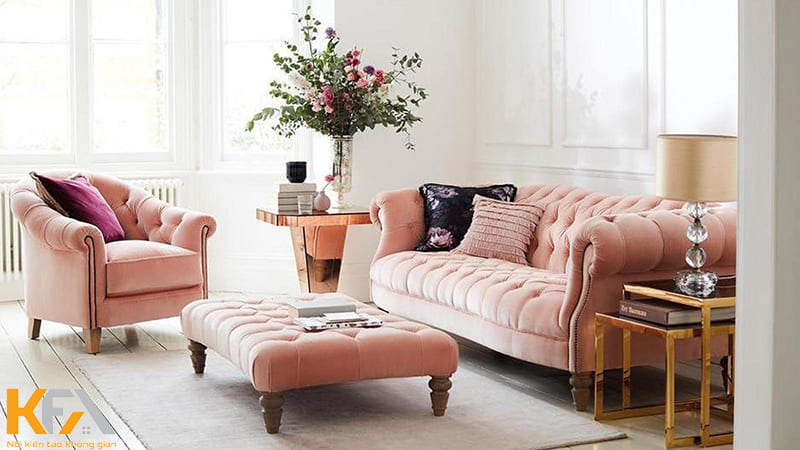Mẫu phòng khách tân cổ điển với sự kết hợp của 2 gam màu hồng và trắng