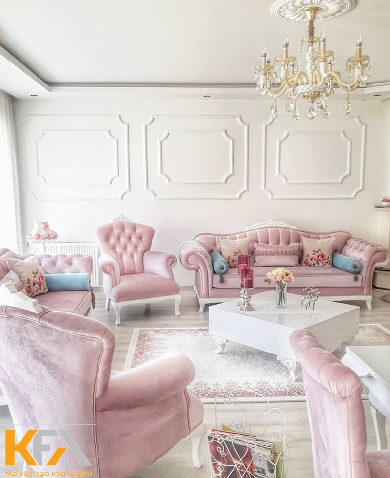 Thiết kế phòng khách tân cổ điển màu hồng trắng nhẹ nhàng, tinh tế