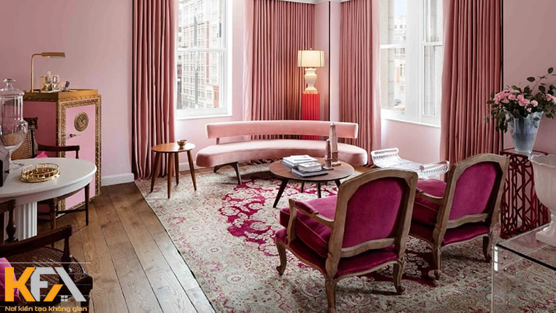 Mẫu phòng khách màu hồng mang nét đẹp cổ điển châu Âu