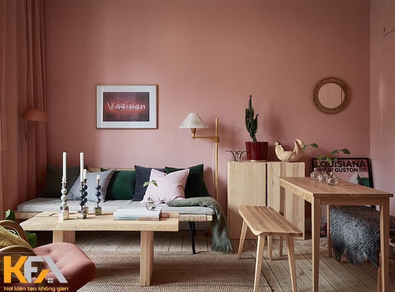 Sơn tường phòng khách màu hồng