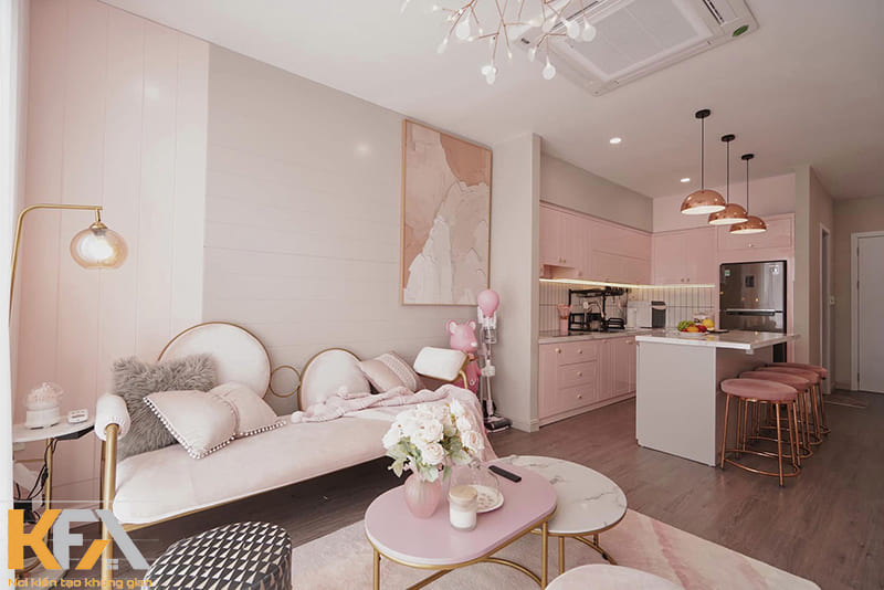 Không gian phòng khách liền bếp màu hồng pastel đẹp mơ màng như trong cổ tích