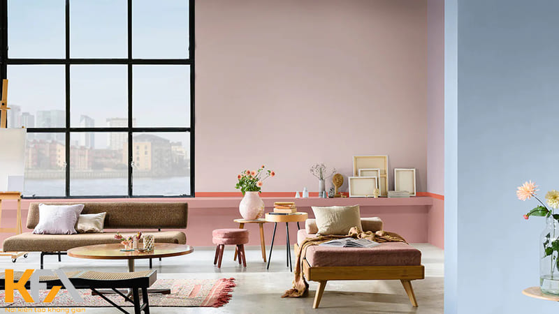 Thiết kế phòng khách không gian mở màu hồng đậm chất hiện đại