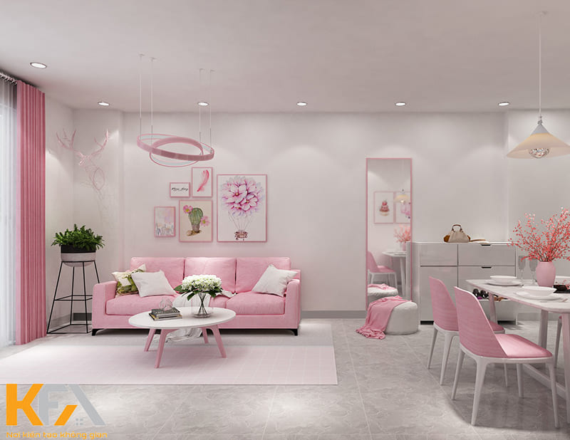 Mẫu phòng khách màu hồng trắng phong cách hiện đại cho nhà chung cư