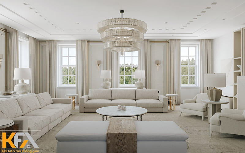 Phòng khách màu trắng tân cổ điển mang nét đẹp sang trọng châu Âu