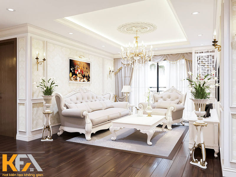 Mẫu phòng khách màu trắng phong cách tân cổ điển