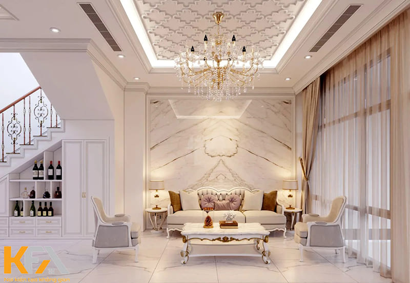Thiết kế phòng khách tân cổ điển màu trắng cho nhà phố cao cấp