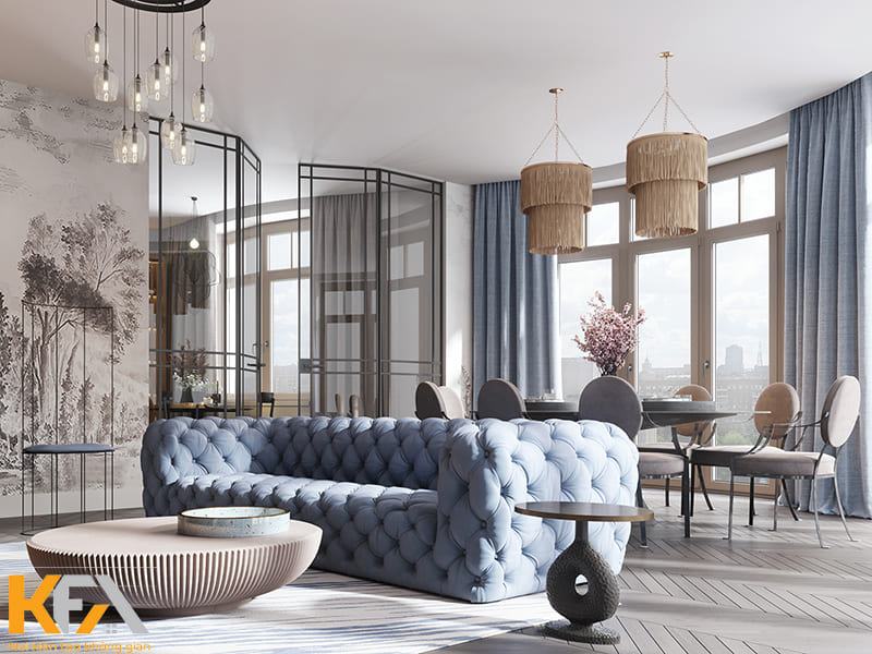 Một chiếc sofa xanh dương bọc nỉ cao cấp cũng đủ tạo nên sự sang trọng cho phòng khách