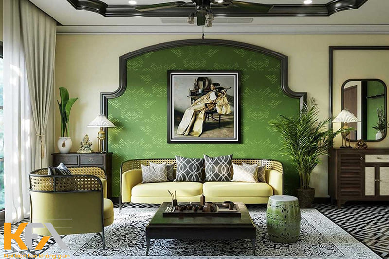 Mẫu phòng khách phong cách Indochine màu xanh lá đầy hoài cổ