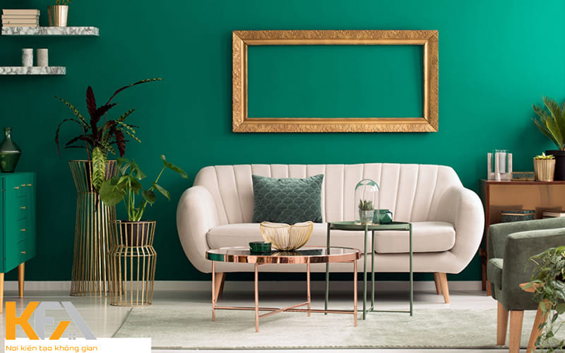 Nếu sợ không gian bí bách, bạn có thể sử dụng màu xanh lá đối với một phần của phòng khách