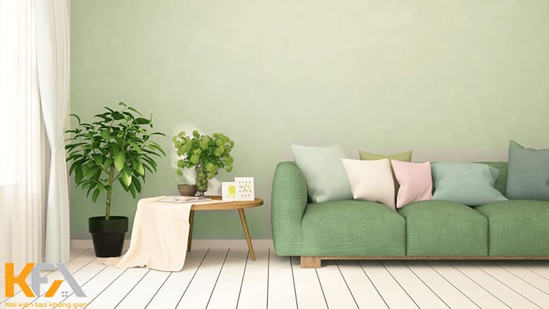 Mẫu phòng khách nhỏ màu xanh lá đơn giản với chiếc sofa lùn xinh xắn