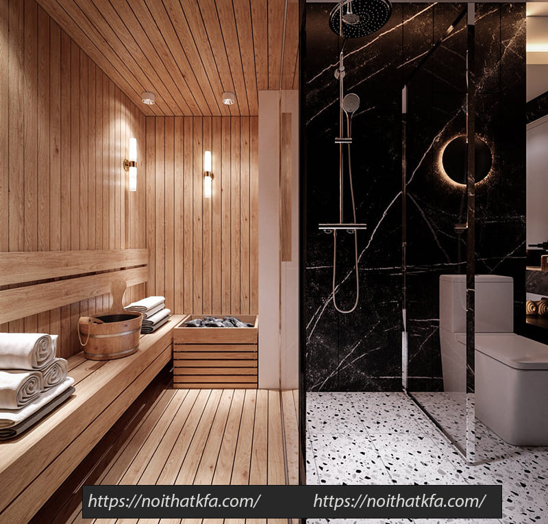 Phòng xông hơi được ốp gỗ toàn bộ tạo cảm giác chuyên nghiệp như trong các spa