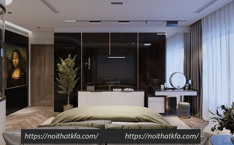 Phòng ngủ uyển chuyển, hiện đại và tinh tế với sự kết hợp hài hòa giữa các chất liệu cao cấp