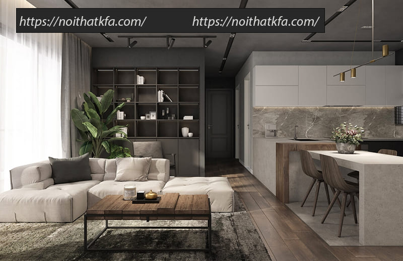 Phòng khách được thiết kế đơn giản với điểm nhấn là bộ sofa góc và bàn trà gỗ