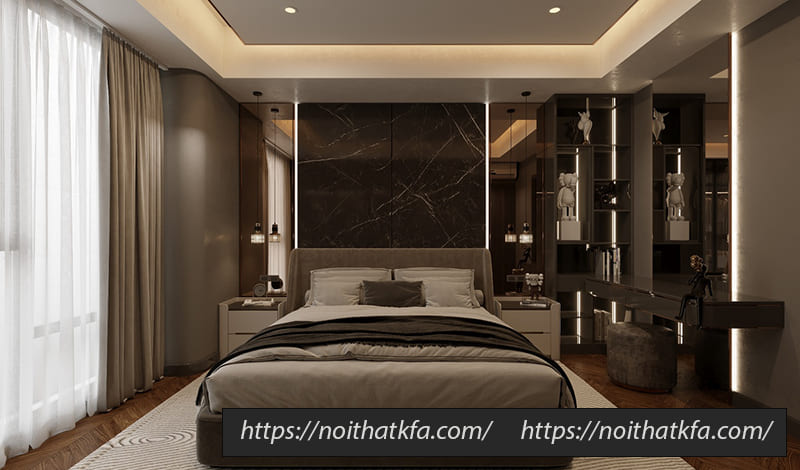 Phòng ngủ master hiện đại, tiện nghi và giàu cảm xúc dẫu được bài trí theo bố cục truyền thống